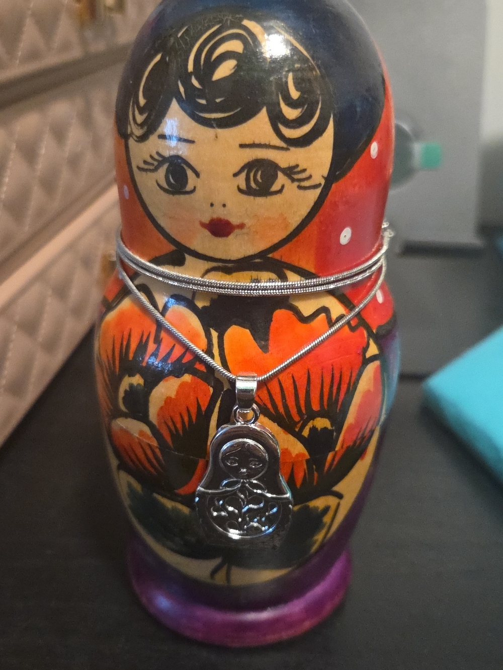 Hand-Painted Red & Black Nesting Doll With Silver Tone Matching Necklace